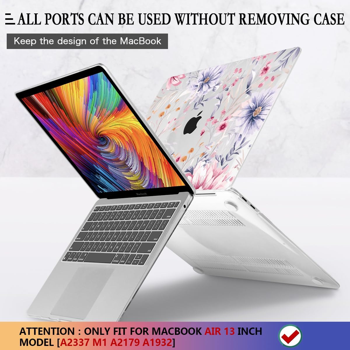 CISSOOK Flower Case for MacBook Air 13 Inch A2337 M1 A2179 A1932 Model 2021-2018 Released, Plastic Floral Cover with Keyboard Cover Protector for MacBook Air 13 with Touch ID，Flowers Watercolor