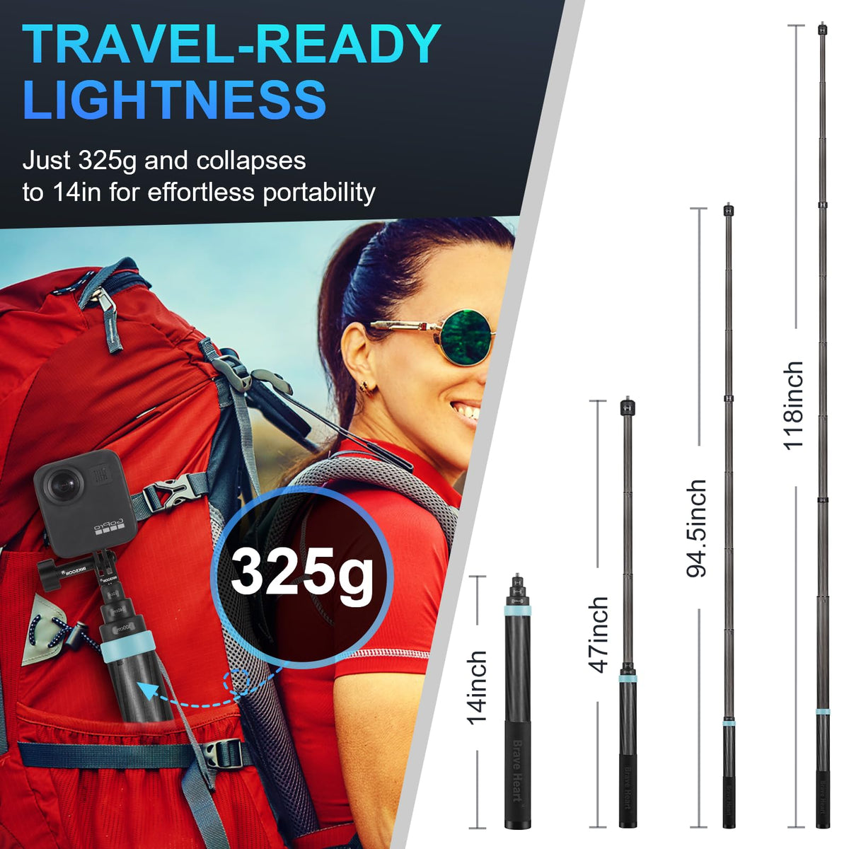 Kezhi 118/3.0m 9.8ft Extended Super Long Carbon Fiber Invisible Selfie Stick for Insta360 X5 Insta 360 X4 X3 ONE X2 R X GO 3S 3 2 Action for DJI osmo