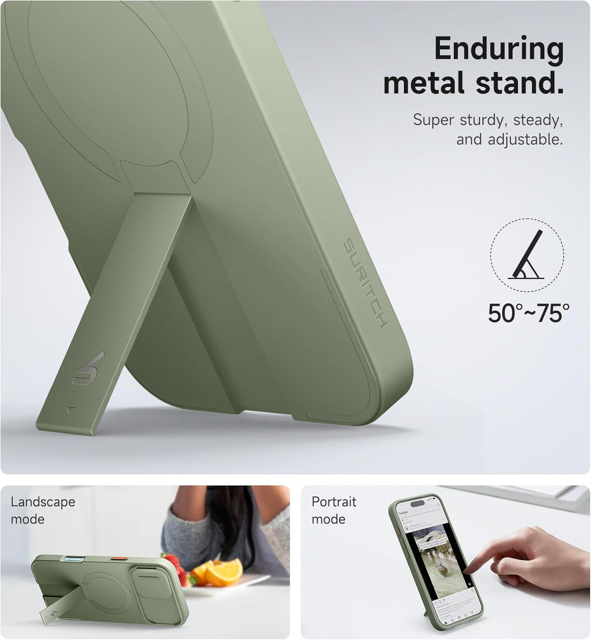 SURITCH for iPhone 16 Plus Case with Magnetic Camera Slide Cover and Adjustable Kickstand, Compatible with MagSafe, Shockproof Bumper Case Slim Protective Cover for iPhone 16 Plus 6.7 Inch, Green