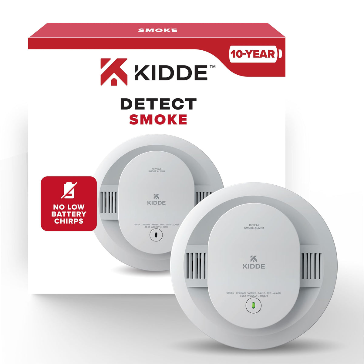 Kidde Smoke Detector, 10-Year Battery Powered, with LED Status Lights, 85 dB Alarm, 5-inches