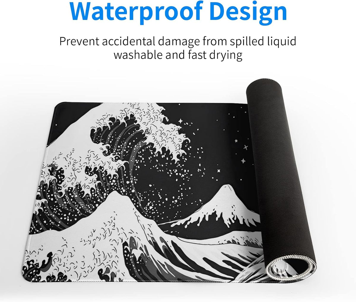 Black and White Japanese Wave Dragon Gaming Mouse Pad - Abstract Mat with Non-Slip Rubber Base, 31.5x11.8 Inch, Stitched Edges - Desk Pad for Office and Home