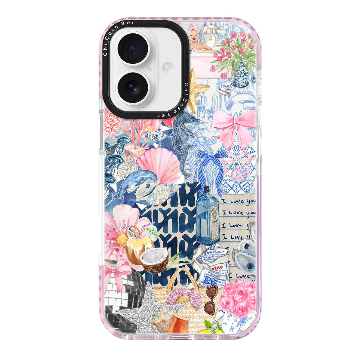Chicasever For Iphone 17 Case, Coastal Y2K Seahorse Spring Art Collage Design Aesthetic, Romantic Tpu Compatible With Magsafe &