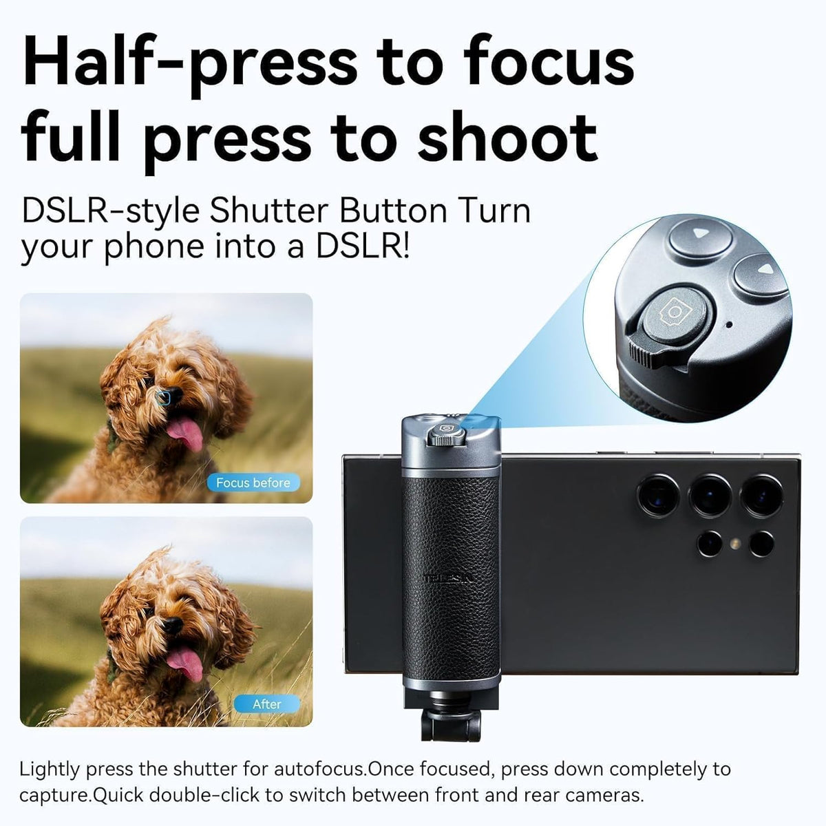 TELESIN° Smartphone Grip Selfie Stick, Bluetooth Mobile Phone Handle Holder, Mobile Phone Shutter Grip with Detachable Remote for One-Handed Control Compatible Samsung Android Video Shooting