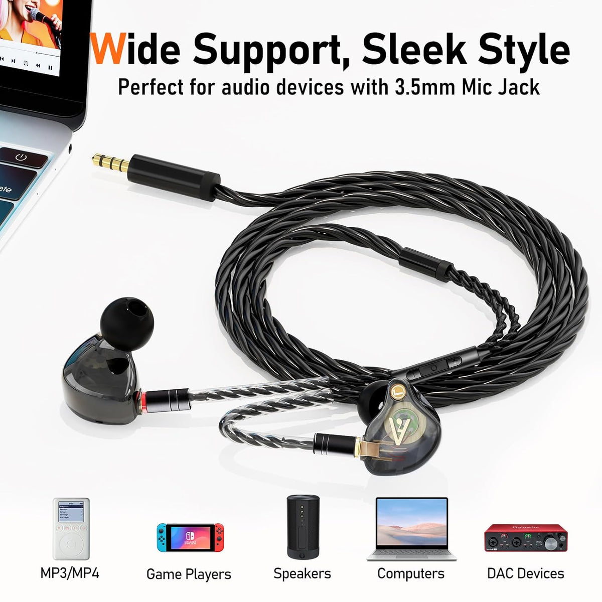 Premium HiFi IEM Cable with Mic – Silver-Plated 3.5mm to MMCX Cord - Lossless Sound for Shure SE215/315/425/535/846 & Vibes 201/202 - Tangle-Free in-Ear Monitor Cables - Black (HC001M)