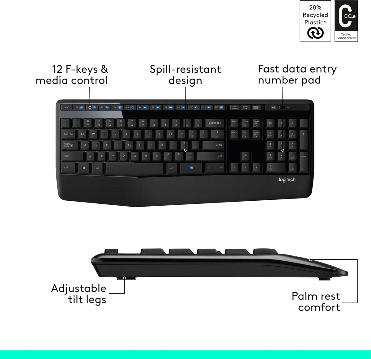 Logitech MK345 Wireless Combo, Full-Sized Keyboard with Palm Rest and Comfortable Mouse, Black
