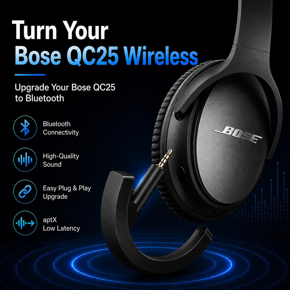 YOCOWOCO Upgraded aptX Wireless Bluetooth Adapter for Bose QuietComfort 25 QC 25Headphones with Mic/Volume Control, Black