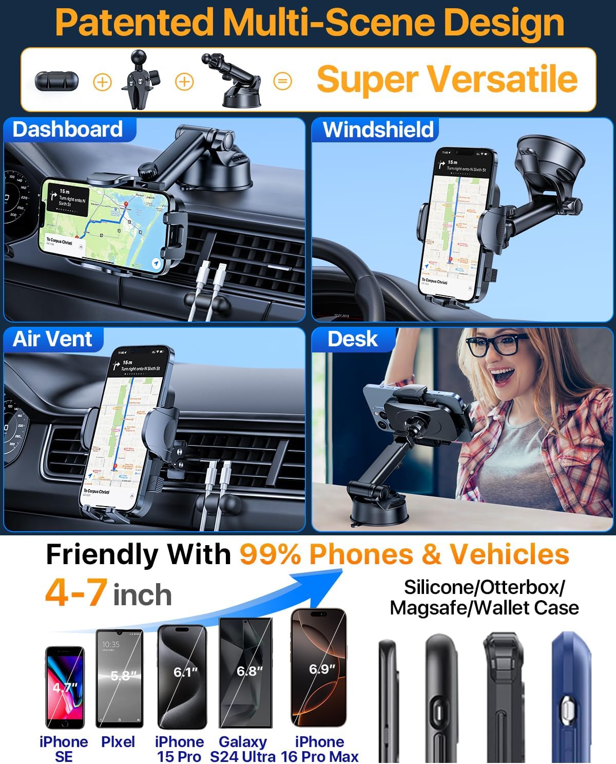 [2025 Upgrade Extreme Strong Suction] YRU Car Phone Holder Mount,[Bumpy Road Stable]Dashboard Cell Phone Holder for Car Vent Windshield Phone Stand for iPhone 16 15 14 13 Pro Max Samsung Truck, Black