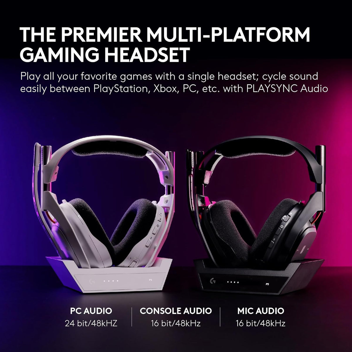 Logitech G Astro A50 Omni-Platform Wireless Gaming Headset + Base Station for PS5, Xbox, PC: PLAYSYNC Audio Switcher, <16 bit/48kHz (Console), <24 bit/48 kHz (PC), 24hr Battery, 2.4GHz & BT - White