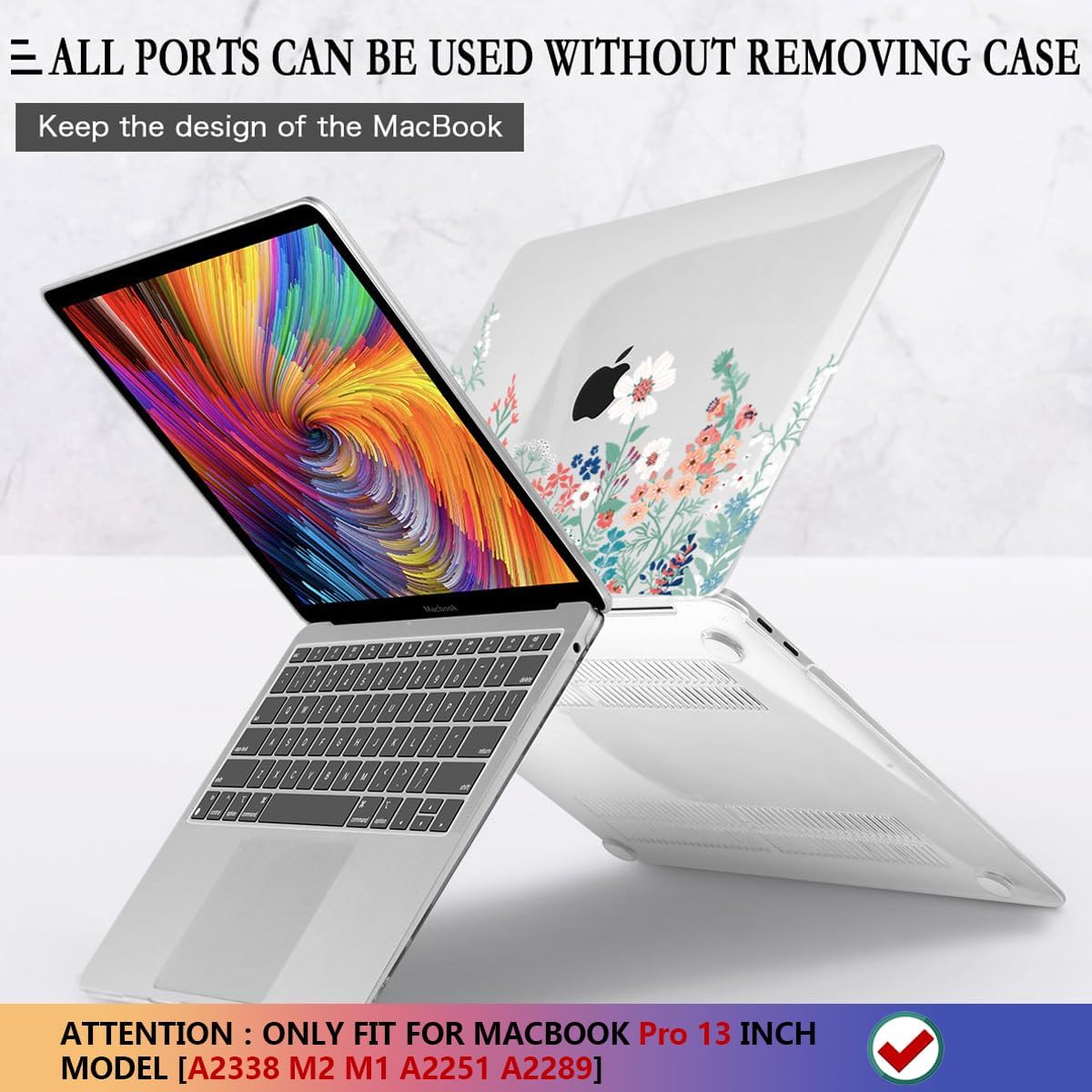 CISSOOK Compatible with MacBook Pro 13 inch Case M2 2025-2020 Model M1 M2 A2338 A2289 A2251, Protective Hard Case Floral Cover with Keyboard Cover for MacBook Pro 13 - Green Wildflowers