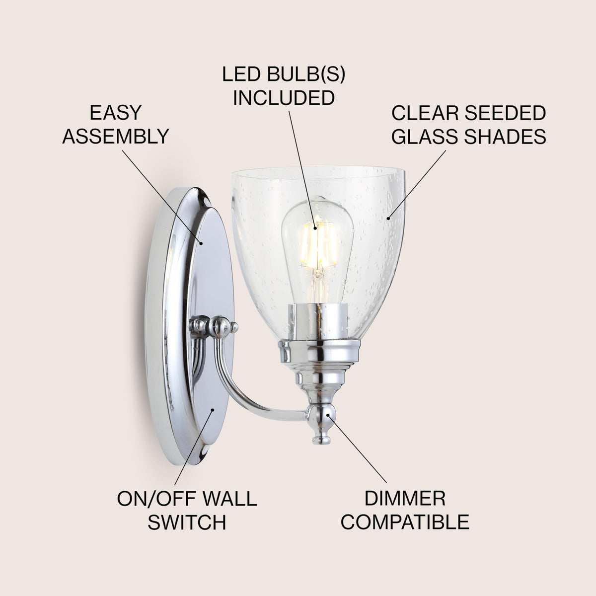 JONATHAN Y 5.5" Chrome LED Vanity Light Wall Sconce, Hardwired for Bathroom, Clear Seeded Glass Shade, Dimmable Mirror Hallway Lighting, LED Bulb
