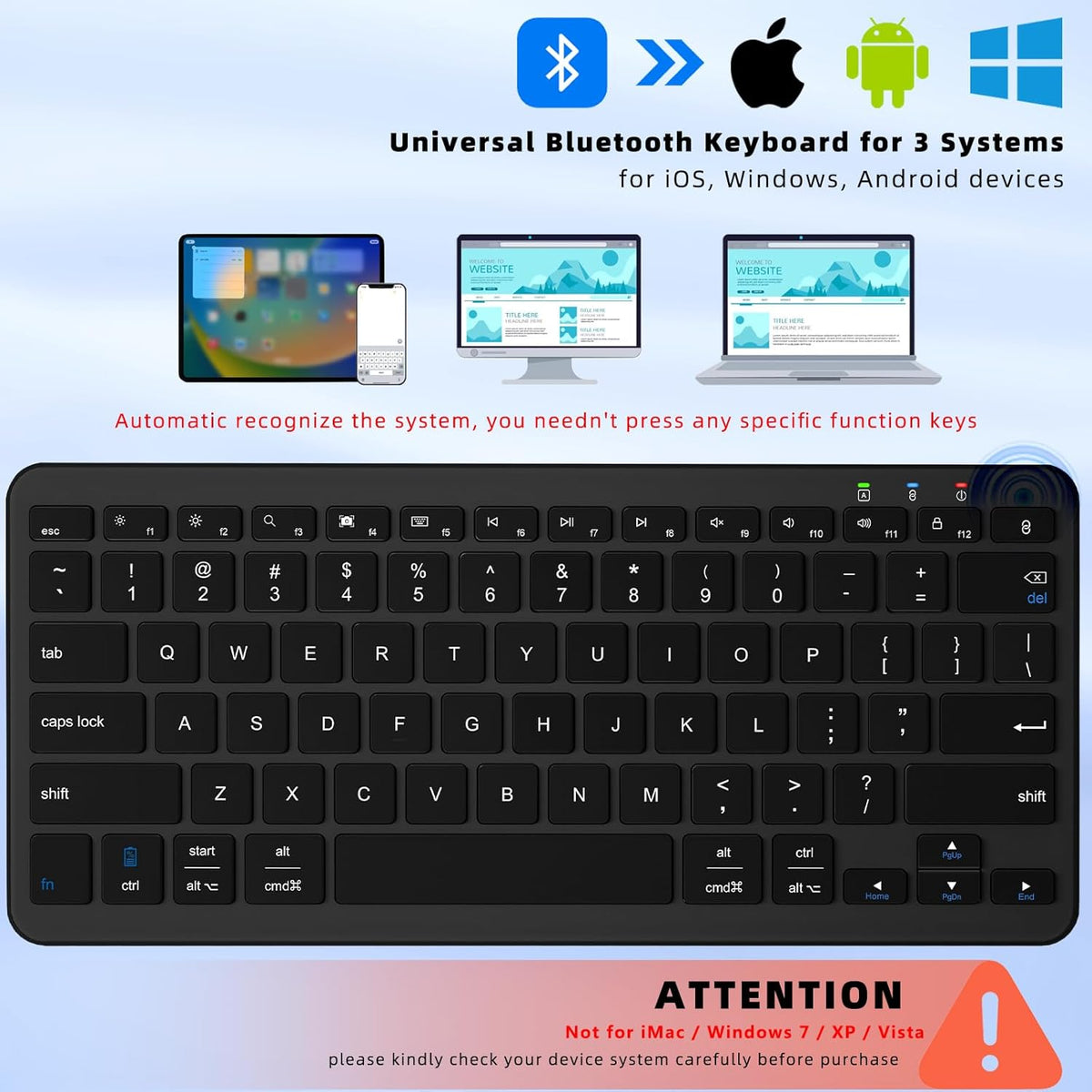 Bluetooth Keyboard, Ultra-Slim Wireless for iPad, Rechargeable Ergonomic Computer Keyboard for iOS, Android, Windows PC
