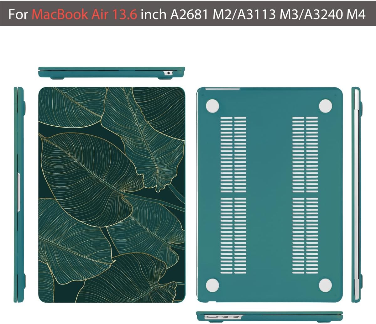 Teryeefi Compatible with MacBook Air 13.6 Case M2 M3 M4 2022-2024 2025 Release (Model:A2681 A3113/A3240), Plastic Hard Shell Cover with Screen Protector & Keyboard Cover & USB 3.0 Adapter, Green Leaf