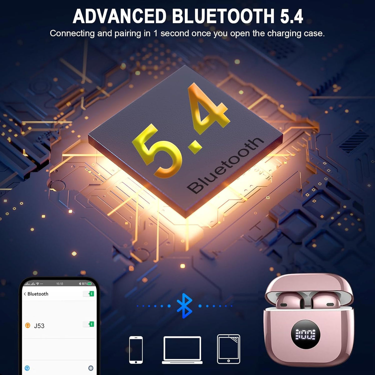 Wireless Earbuds, Bluetooth 5.4 Ear Buds LED Power Display Headphones Bass Stereo, Bluetooth Earbuds in-Ear Noise Cancelling Mic, 40H Playback Mini Case IP7 Waterproof Sports Earphones for Android iOS