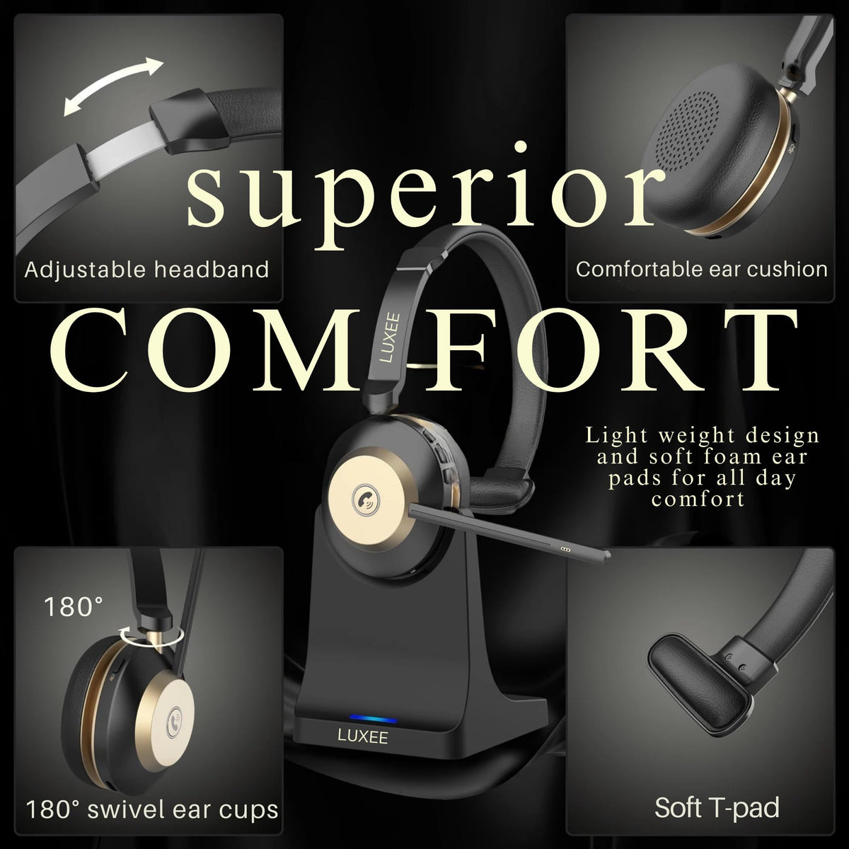LUXEE Bluetooth Headset, Wireless Headphones with Microphone for Work, Noise Cancelling Clear Call for Meeting for Windows, Perfect for Call