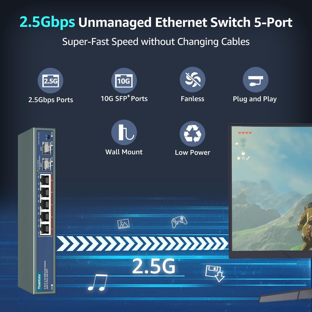 7 Port 2.5G Unmanaged Ethernet Switch, 5 x 2.5G Base-T Ports, 2 x 10G SFP, Compatible with 100/1000/2500Mbps, VLAN, Fanless, Desktop/Wall Mount YuanLey 2.5Gbe Network Switch for Wireless AP, NAS, PC