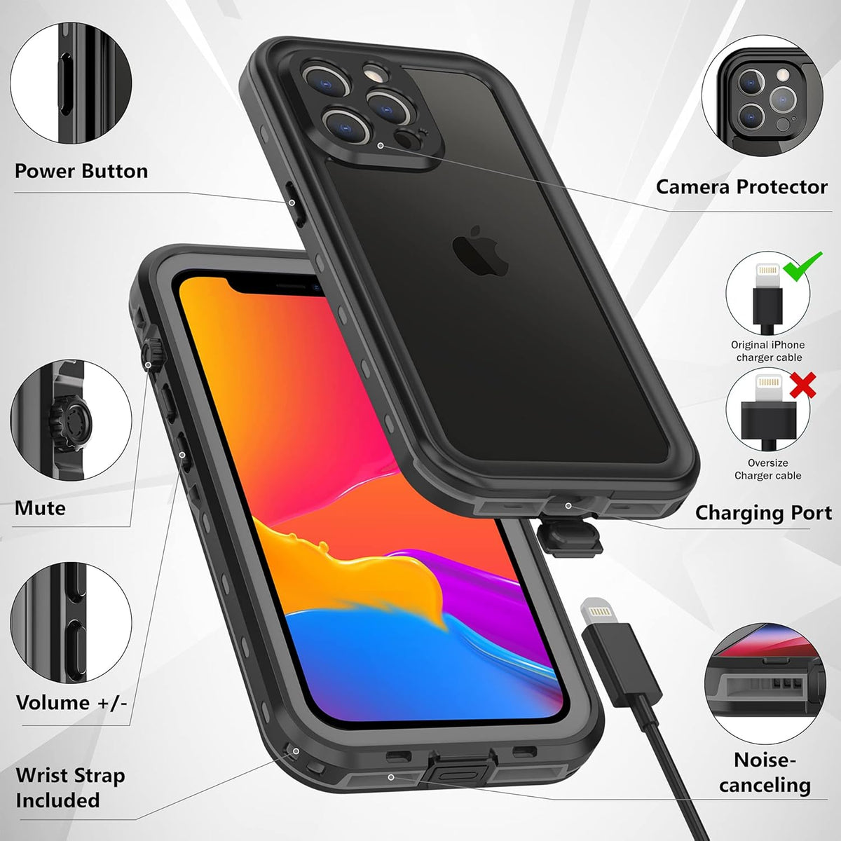 Waterproof Case for iPhone 13 Pro Max 6.7", Full Body Shockproof Dustproof Cover with Built-in Screen Protector