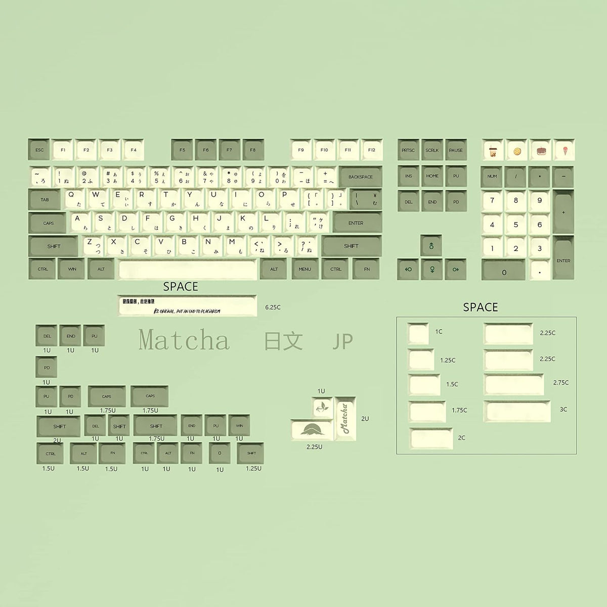 Matcha 3.0 Dye Sub ZDA PBT Keycap Set, Similar to XDA for MX Split Keyboard 104 87 61 Melody 96 KBD75 ID80 GK64