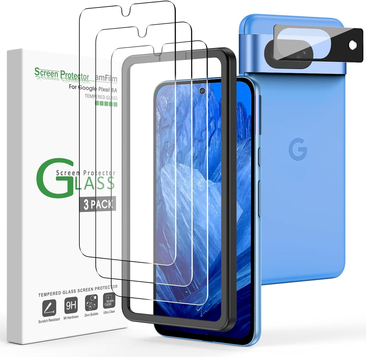 amFilm 3+1 Pack Tempered Glass Screen Protector for Google Pixel 8A, Bubble Free, Anti-Scratch, Case Friendly, Easy