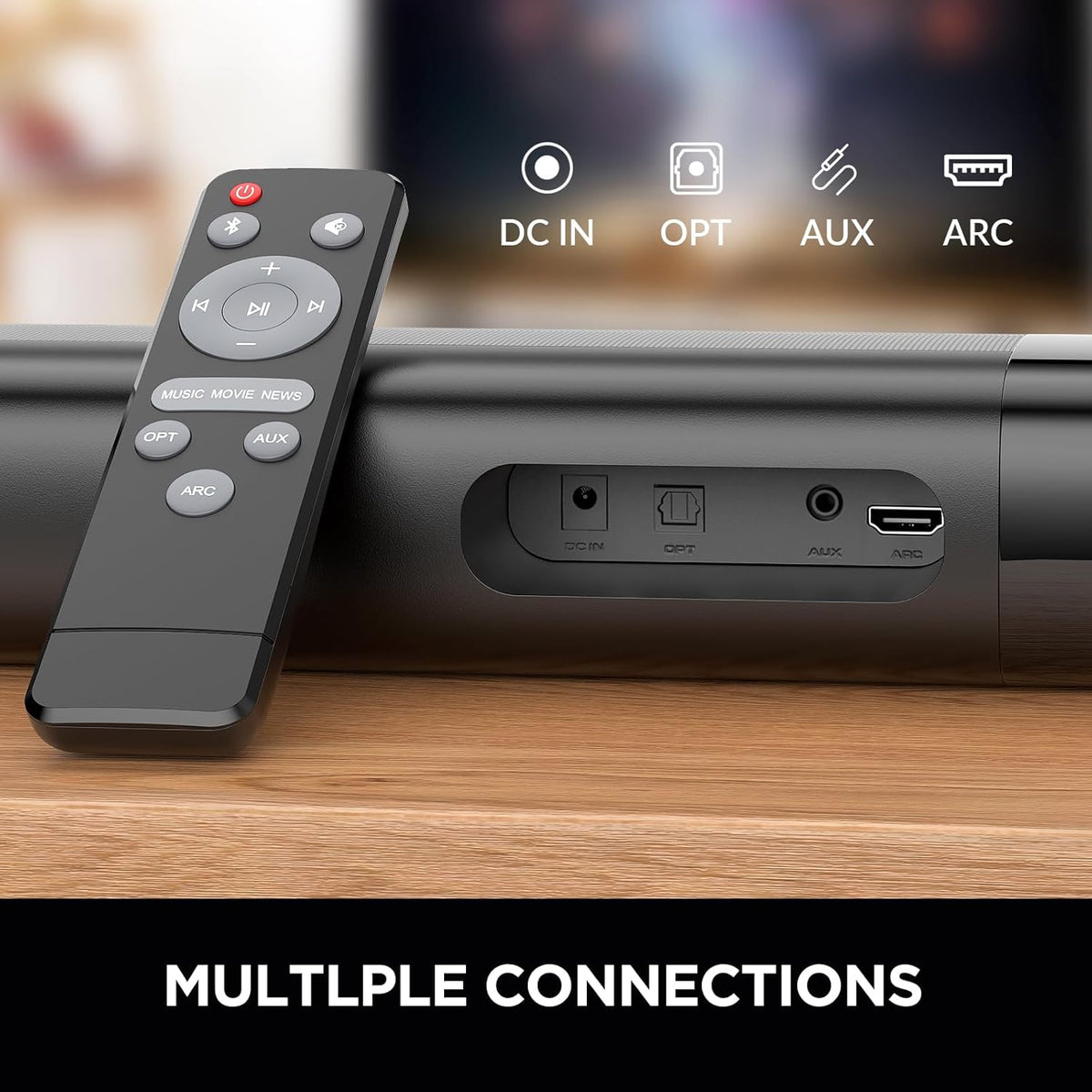 Sound Bar, 80W Soundbar with Bluetooth/ARC/Opt/AUX Connect, with Volume Boost, 3 Equalizer Modes, 2 in 1 Detachable Soundbar for TV/PC/Gaming/Projectors