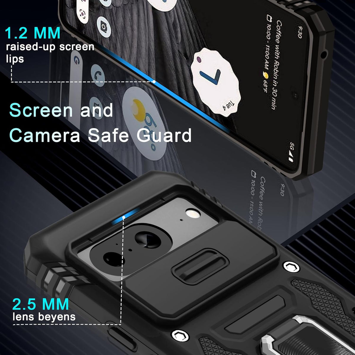 DEERLAMN Google Pixel 8 Case - Heavy Duty Black with Slide Camera Cover, Screen Protector & Rotated Ring Kickstand.