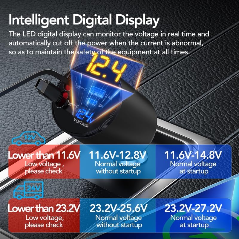 Retractable Car Charger, 4 in 1 Super Fast Car Phone Charger 60W, 2 Retractable Cables and 2 USB Ports Car Charger Adapter,Compatible with iPhone 16/15/14/13/12/11,Air-Pods 4,Galaxy,Pixel