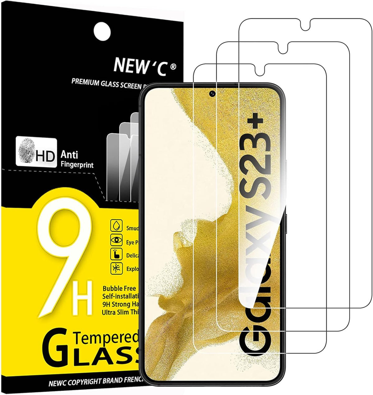 NEW'C [3 Pack] Tempered Glass Screen Protector for Samsung Galaxy S23 Plus/S23+, Anti Scratch, Bubble Free