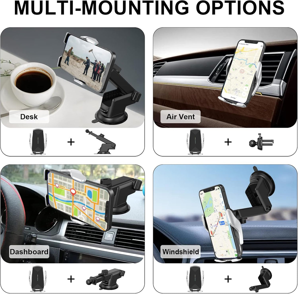 Car Phone Mount, Auto-Clamping Smart Sensor 10W Qi Fast Charging Holder for iPhone 12/12 Pro Max/Samsung S20, 4.7-6.7