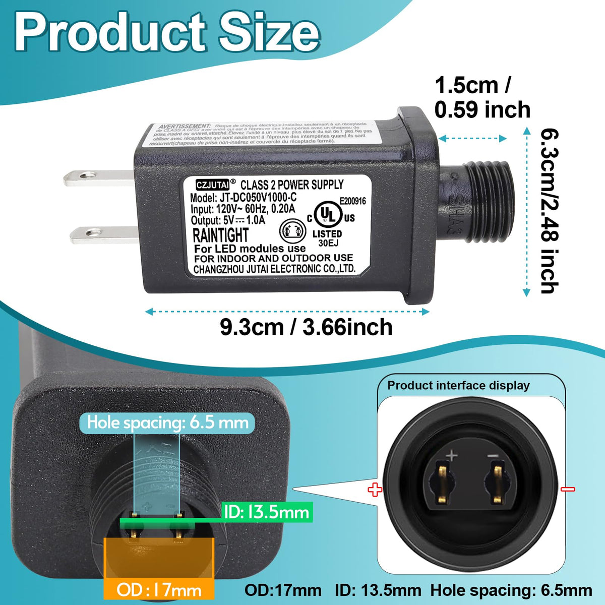 CZJUTAI JT-DC050V1000 Premium 5V 1A 5W LED Power Supply - Class 2 Transformer, IP44 Waterproof, US Plug for Christmas and String Lights, Indoor