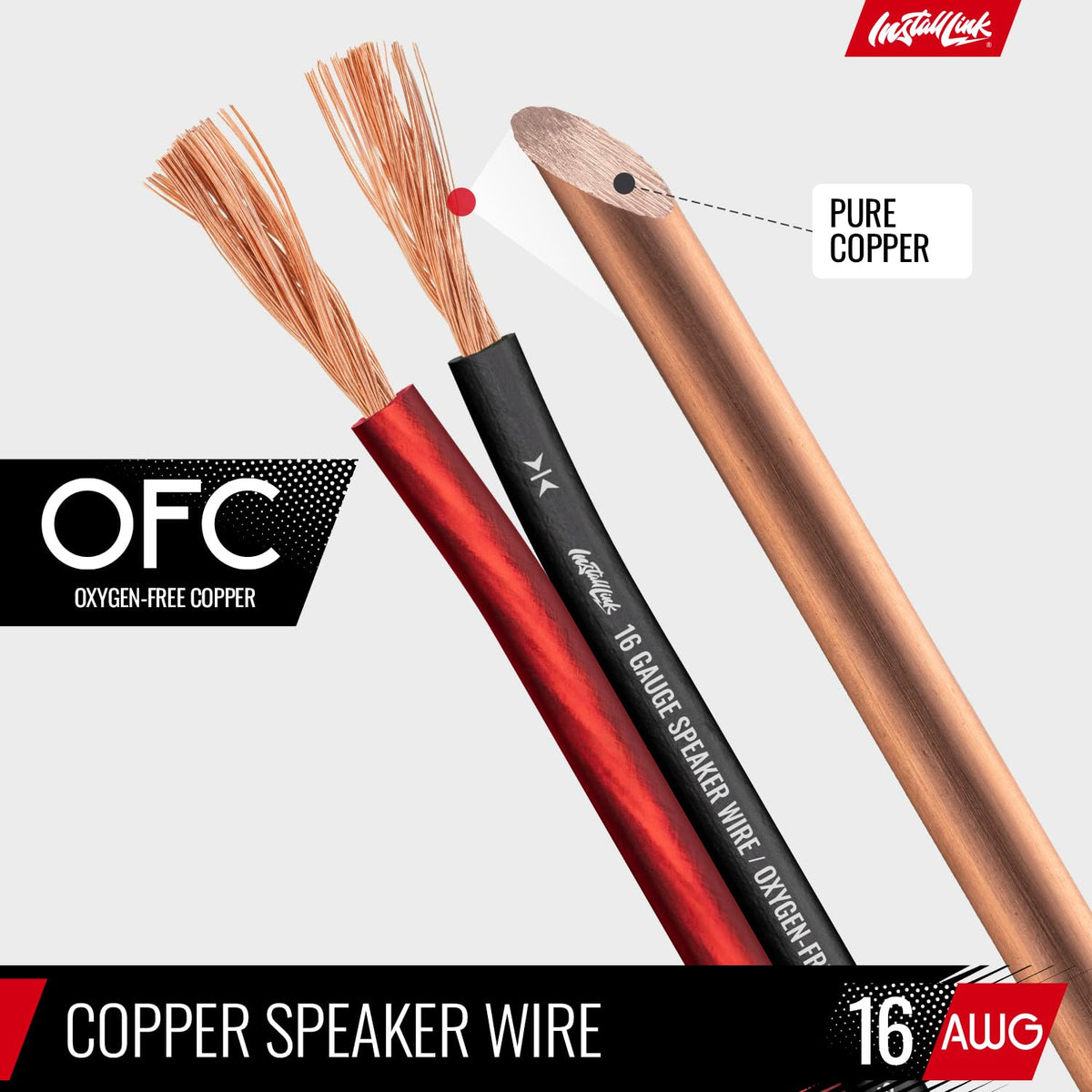 16 Gauge Pure Copper Speaker Wire (OFC) by Install Link, 30 Feet for Car or Home Theater
