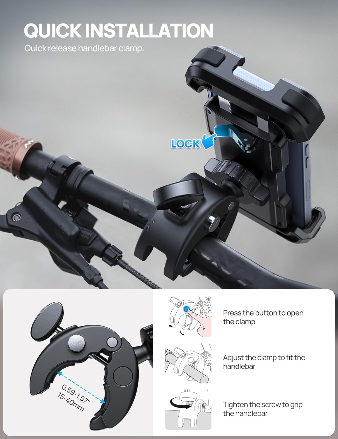 Bike Motorcycle Phone Holder Mount - [2025 Quick Release] Bike Phone Holder Handlebar Clamp, Bicycle Scooter Phone Clip for iPhone 16 15 14 13 12 11 Pro Max Plus Mini, 4.7-6.8" Smartphone