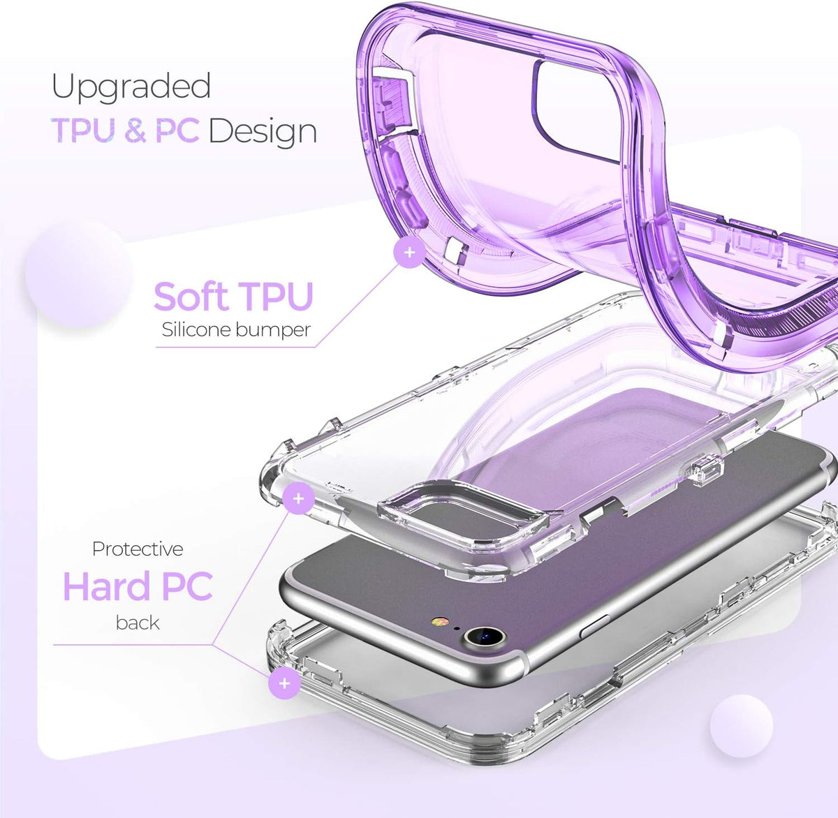 ORIbox iPhone 7/8/SE 2022 Case, Crystal Purple, Heavy Duty Shockproof Clear Case with Camera Protector