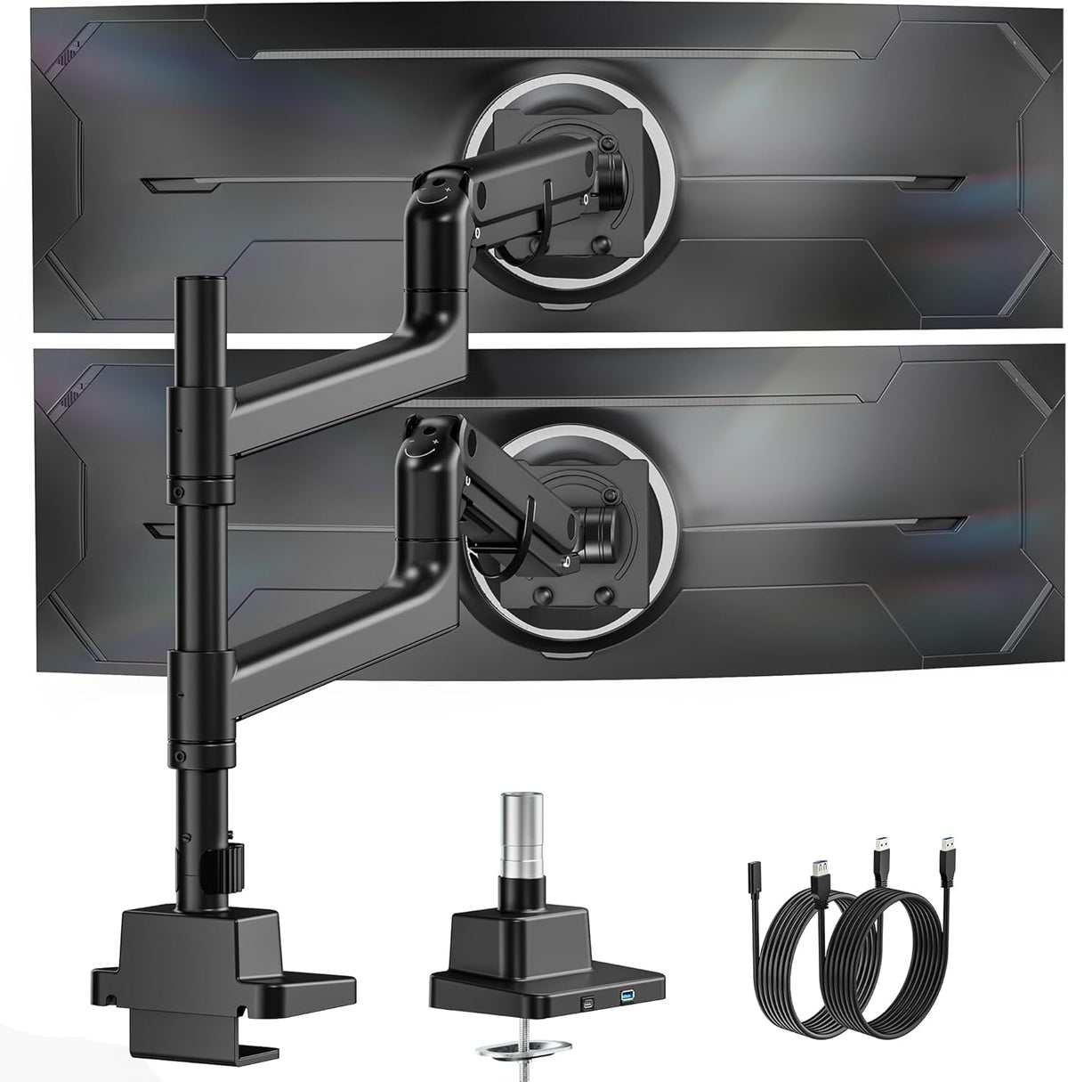monTEK 17-57 Inch Dual Ultrawide Monitor Arm for Up to 59.4lbs Screen, Aluminum Heavy-Duty Gas Spring Vertical Stackable Curved Screen Adjustable Monitor Stand,75/100mm Vesa Mount, Black