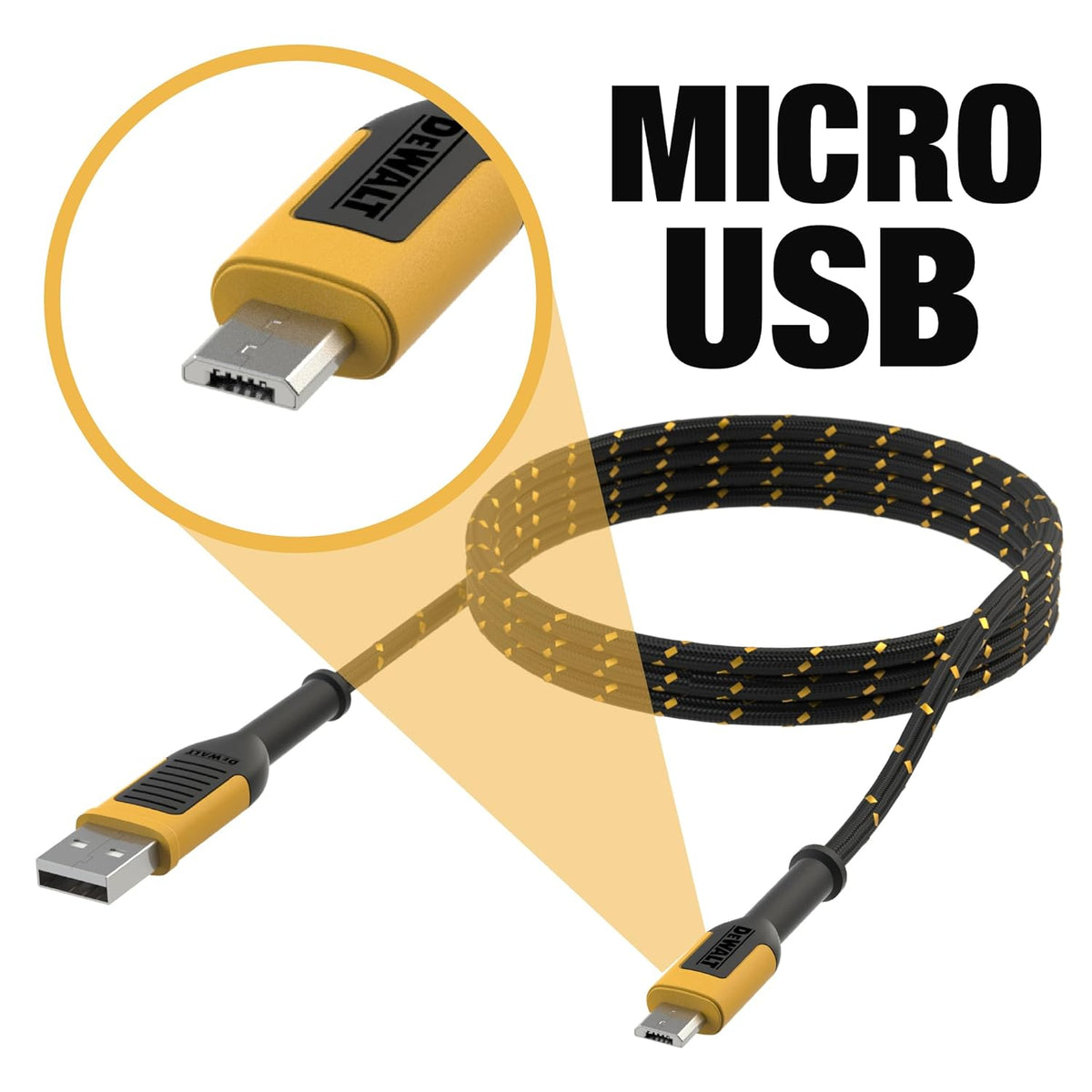 DEWALT Heavy Duty USB to Micro-USB Cable, Jobsite Micro USB Connector Cable, High Speed Charging Cord for Compatible Android Phones, Cameras, Legacy Devices, 6 ft (Black)