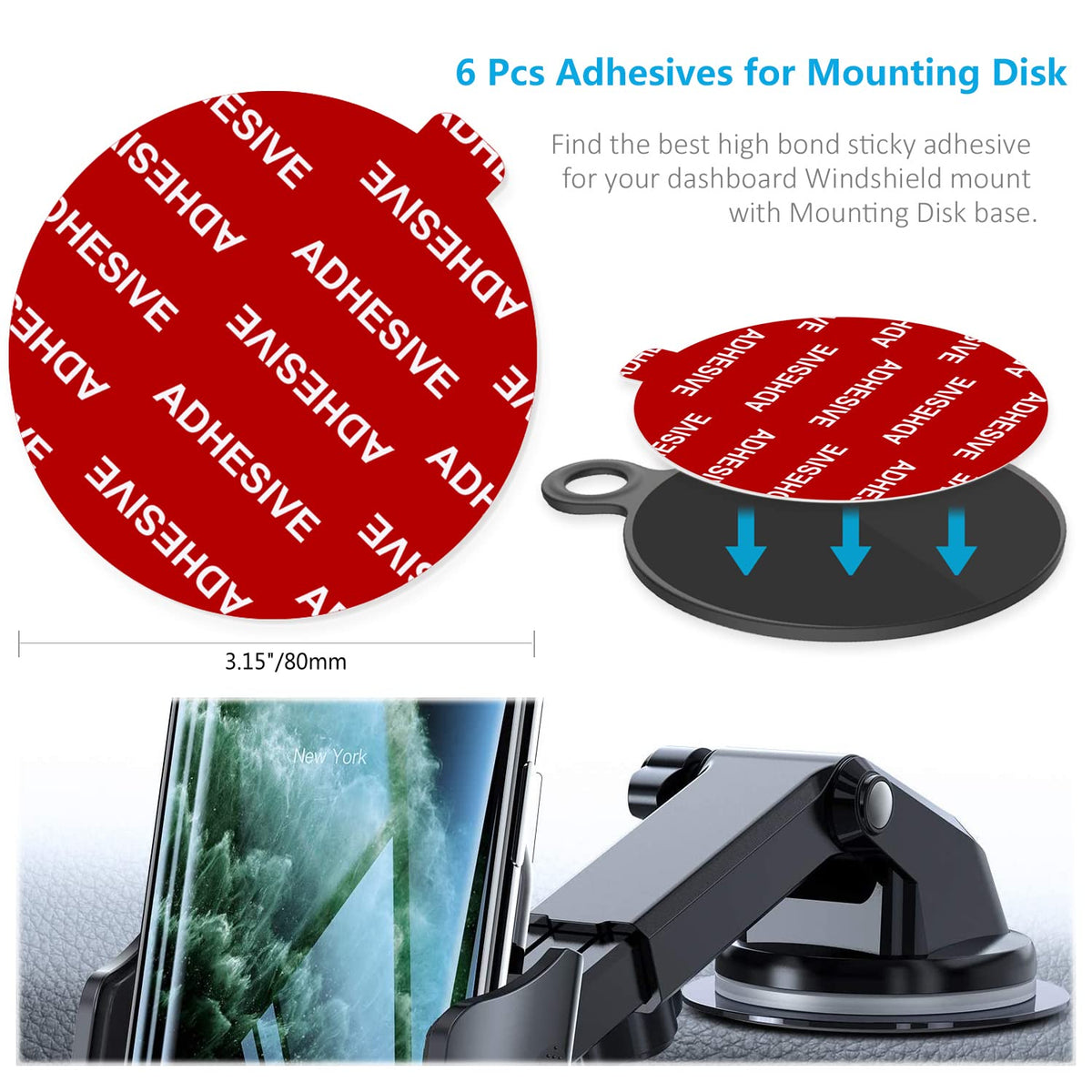 PKYAA Dashboard Pad Mounting Disk Sticky Adhesive Replacement Kit, 6pcs 3.15"(80mm) Circle Heat Resistant Double-Sided Stickers for Suction Cup Car