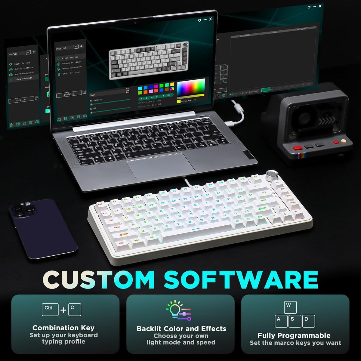 YUNZII B75 Mechanical Keyboard,75% Layout with Knob,Hot Swappable RGB Backlit Gasket Mounted, Creamy Typing, Double-Shot PBT Keycaps,Cherry Profile,for Win/Mac (White, Blue Grey Tactile Switch)