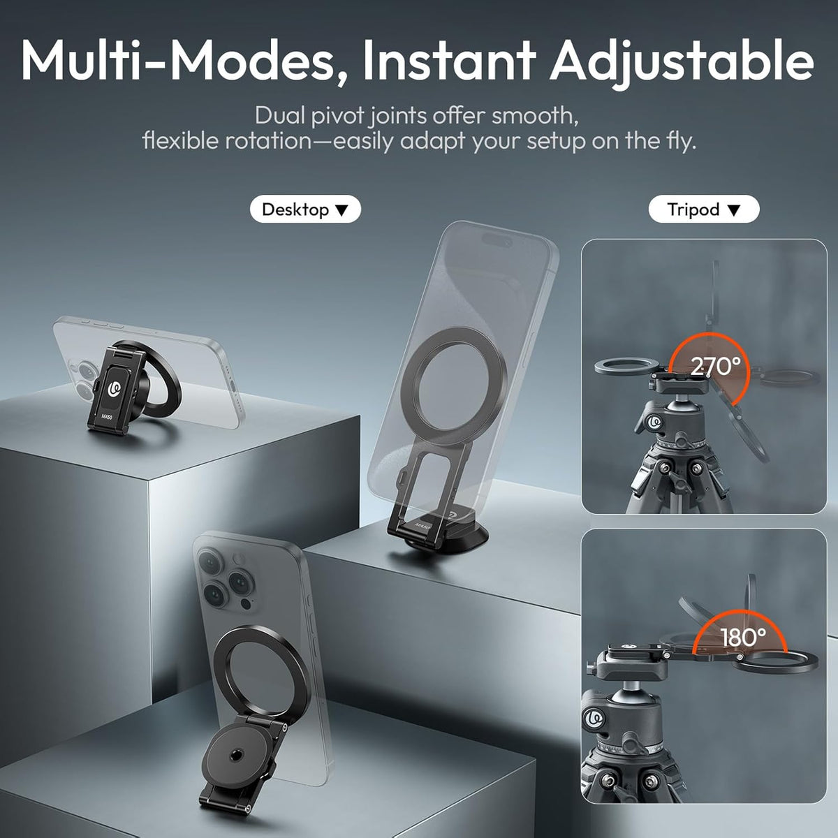 ULANZI MA50 Magnetic Phone Holder for Magsafe, Aluminium Adjustable Dual Magnetic Phone Tripod Stand with 1/4" Screw Hole for Selfie Sticks, Magic Arm, Compatible with iphone12 13 14 15 16 Series