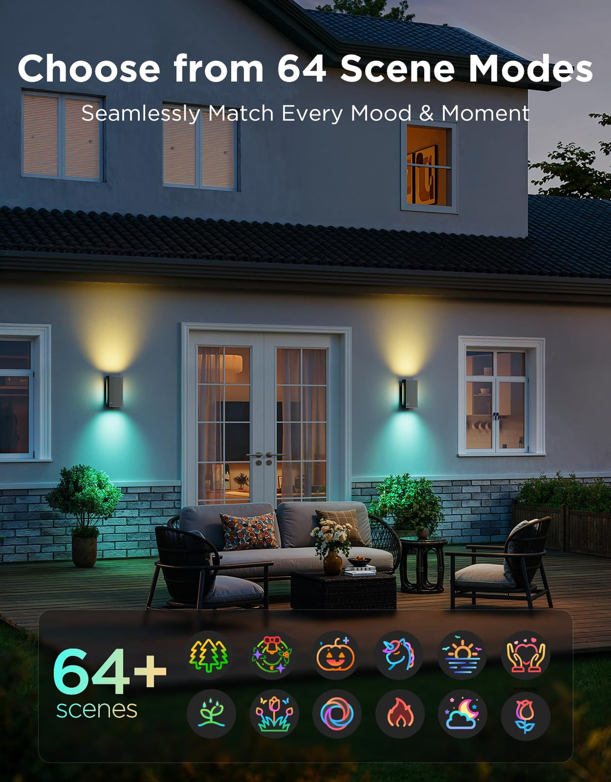 Govee Outdoor UpDown Wall Light, 2 Pack, 1200LM RGBICWW Smart Porch Lights Outdoor with 64 Scene Modes, IP66 Waterproof Wall Sconce for Outdoor Decor
