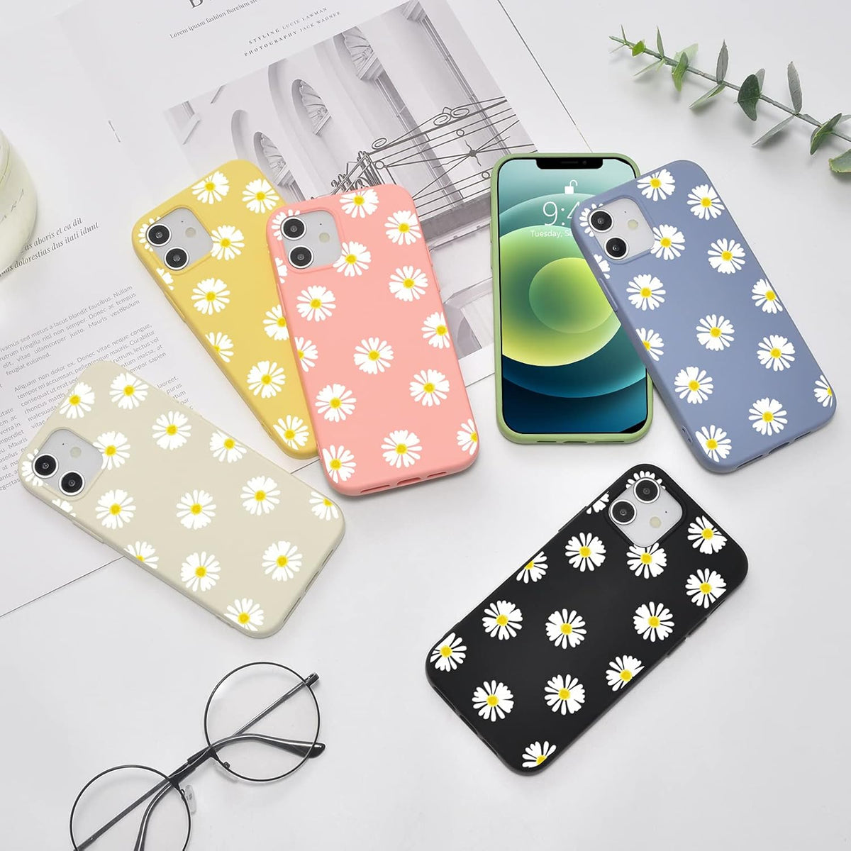 JOYLAND Mustard Green Daisy Flower Phone Case for iPhone 7/8/SE 2020, Soft Liquid Silicone with Microfiber Lining.