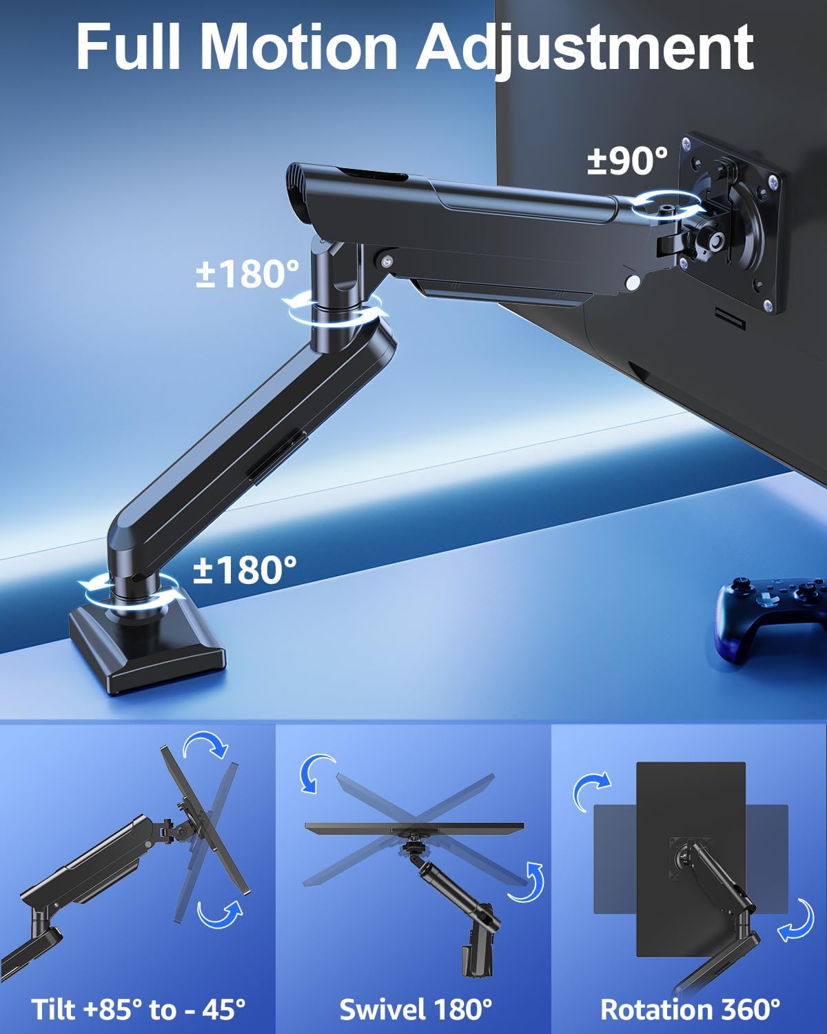 Single Monitor Mount for 22 24 27 32 inch Screen, Gas Spring Arm Holds 4.4-22 lbs, Monitor Desk Mount, Gaming & Home Office Use, VESA 75x75mm & 100x100mm, Freelift Pro Black