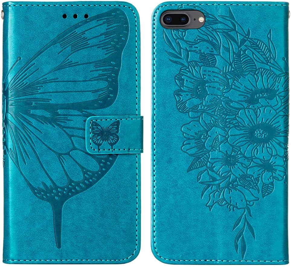 iPhone 7/8 Plus Wallet Case, Butterfly Floral Embossed, Card Holder Slots, Stand Leather Protective Flip Cover (Blue)