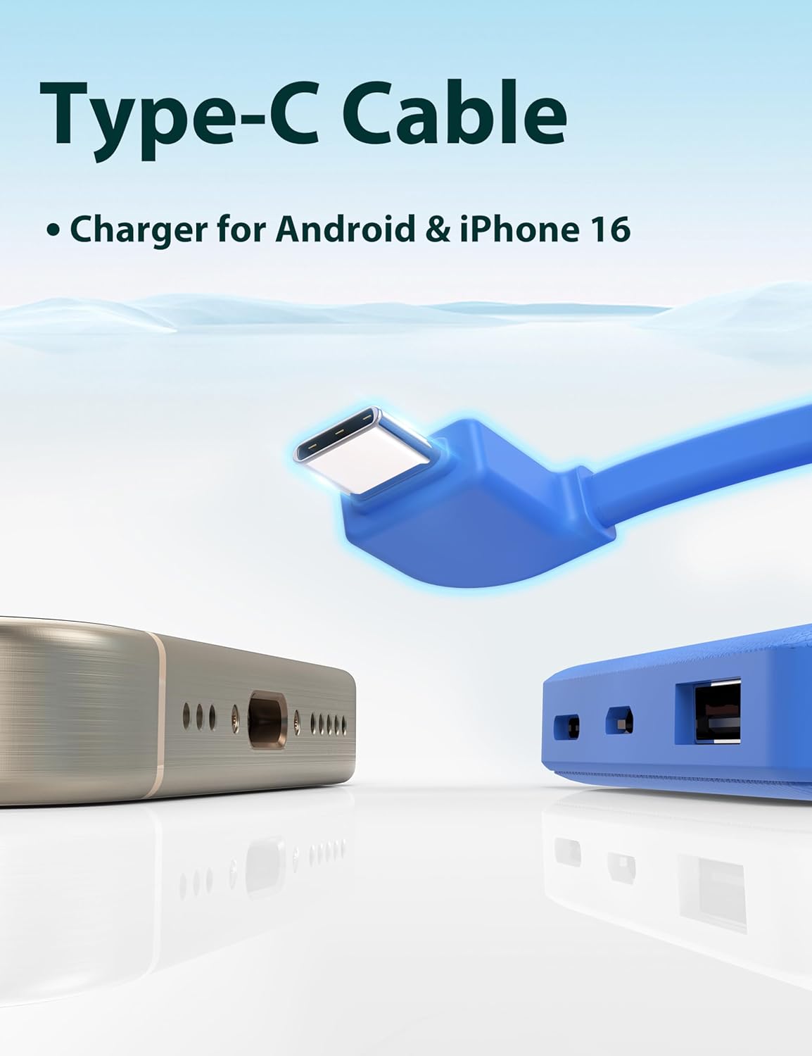 6000mah Ultra Slim Built in Cables Power Bank, Card Size Built in USB C Cords Battery Pack Portable Charger for Phones, 3 Output External Battery Pack Compatible with iPhone, Samsung, Deep Blue