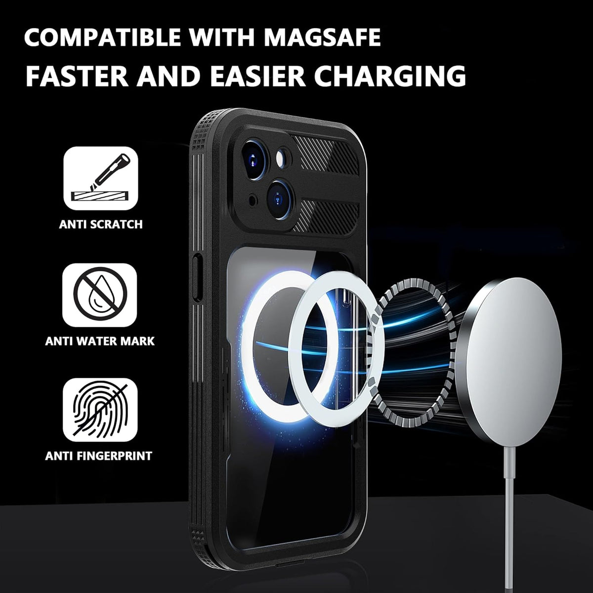 iPhone 15 Plus 5G Waterproof Case, Black, Hybrid Rugged, Shockproof, Magsafe Compatible, Full Body Protection, Lanyard,