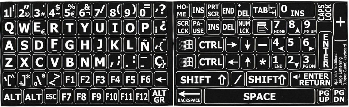 Spanish Traditional Large Letters Upper CASE Black Background Keyboard Sticker for Computers