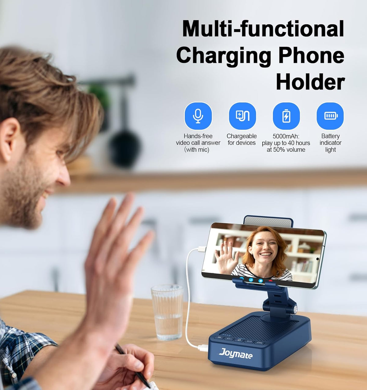 Gifts for Men Women, Bluetooth Speaker Phone Stand with Charging Function 360° Rotable Adjustable Cell Phone Holder HD Surround Sound for Desk Fits All Phones,Tablet (Blue)