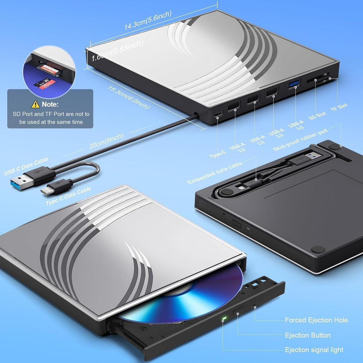External CD/DVD Drive for Laptop, Ultra Slim CD Burner USB 3.0 Hub with 4 USB Ports, 2 TF/SD Card Slots,1 Type-C Port,DVD Player for Laptop Compatible with mac OS/Windows/Linux (Silver)