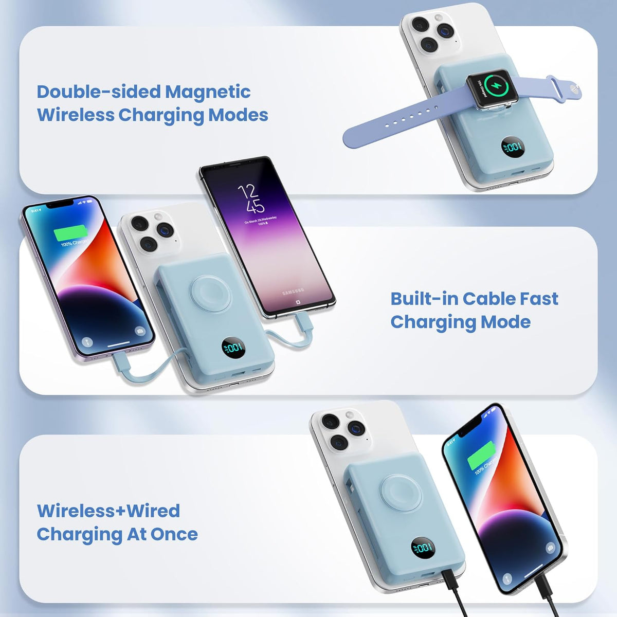Magnetic Portable Charger for iPhone with Built-in Cables, 6-in-1 10800mAh Power Bank with iWatch Charger & LCD Display,25W Fast Charging Battery Pack for iPhone 16/15/14/13/12,Apple Watch (Sky Blue)
