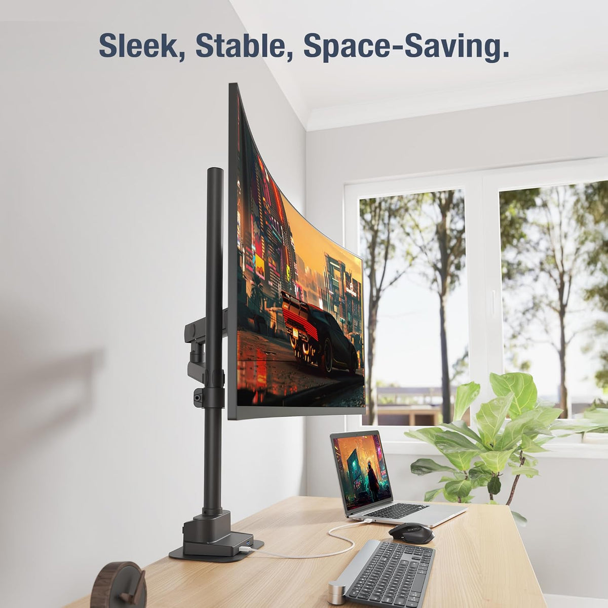 AVLT Single 40 Inch Monitor Arm Pole Top Mount With USB-C USB-A Ports-Black, Supports 26.4 lbs (12kg), Ultrawide screen fit, VESA Compatible, Tilt, Swivel, Rotate, Ergonomic adjustable height, Durable