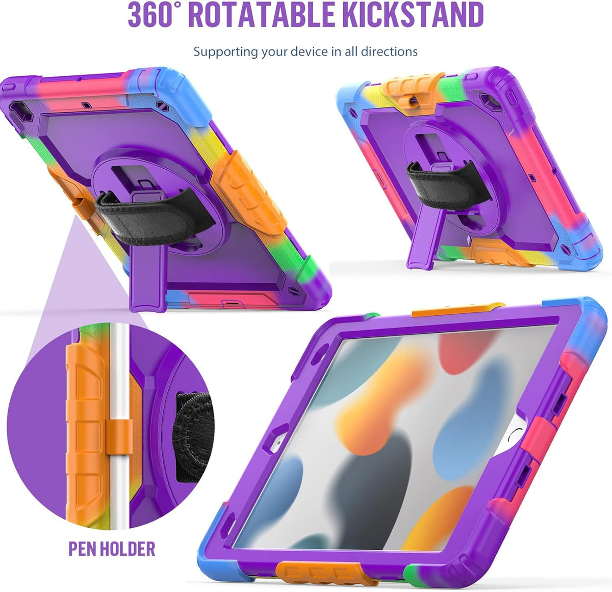 BLOSOMEET Case for iPad 9th/8th Generation 2021/2020 10.2 Inch with Tempered Glass Screen Protector |Rugged Shockproof iPad 7th Gen Kids Cover 2019 w/Stand Pencil Holder & Hand Shoulder Strap|Purple