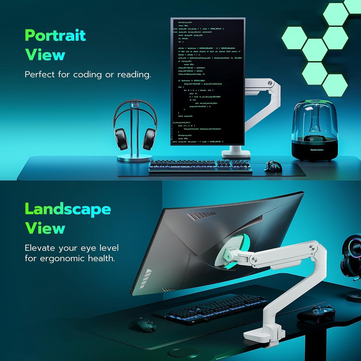 ARES WING Ultrawide Monitor Arm White for 17 to 49 Inch Heavy Duty Curved Screen, Holds 44 Lbs, Adjustable Gas Spring Monitor Arm Desk Mount with C Clamp, Grommet Base, 75/100 Vesa Mount