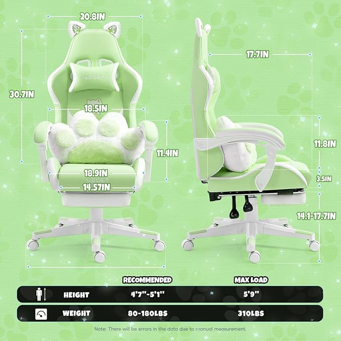 Gaming Chair Cute with Cat Ears Paw Lumbar and CushionErgonomic Computer Chair with FootrestReclining PC Game Chair for Girl Computer Chair 300lbs for Adult (Green)